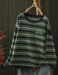 Women Autumn Casual Stripe Pattern Round Neck Blouse