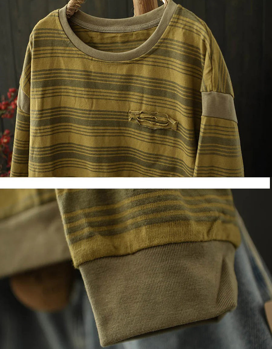 Women Autumn Casual Stripe Pattern Round Neck Blouse