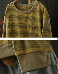 Women Autumn Casual Stripe Pattern Round Neck Blouse
