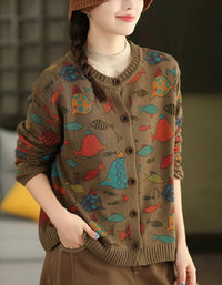 Women Autumn Fish Pattern Round Neck Sweater