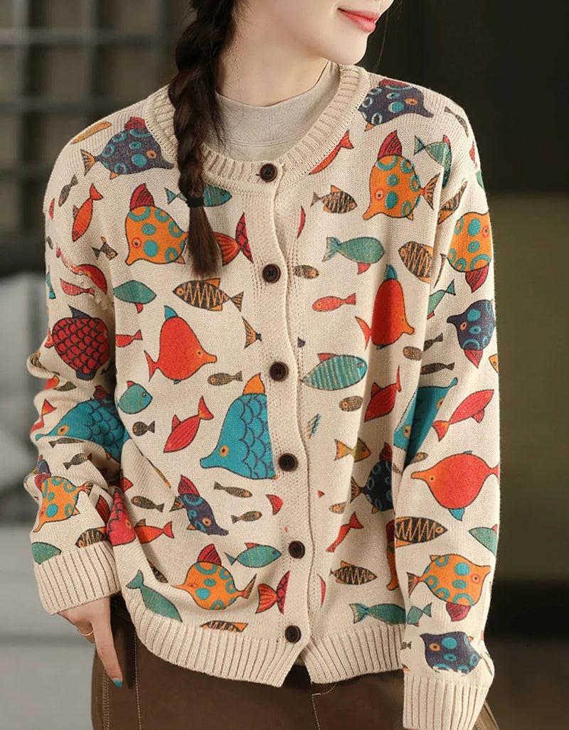 Women Autumn Fish Pattern Round Neck Sweater