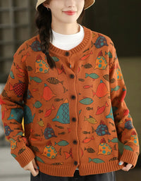 Women Autumn Fish Pattern Round Neck Sweater