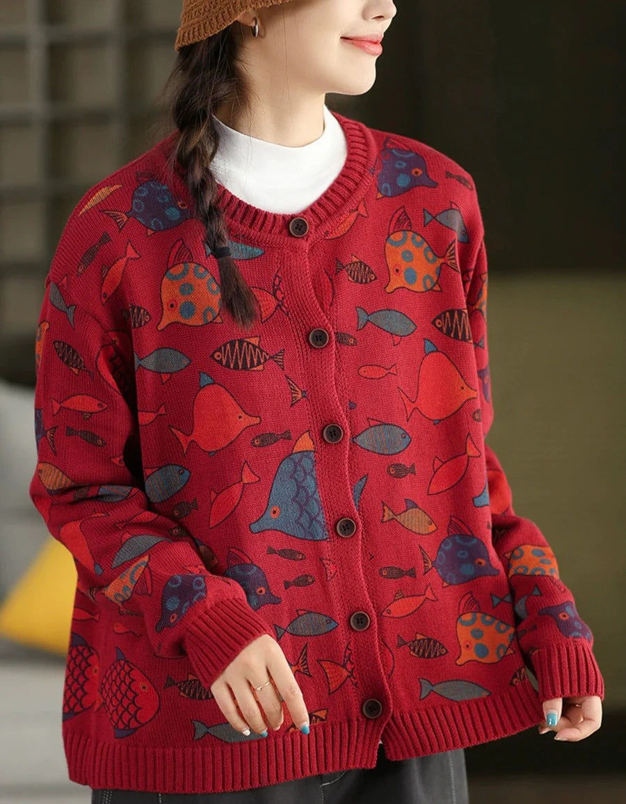 Women Autumn Fish Pattern Round Neck Sweater