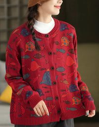 Women Autumn Fish Pattern Round Neck Sweater