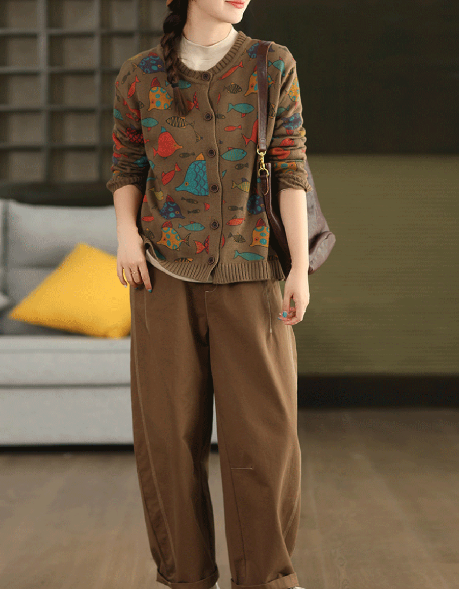Women Autumn Fish Pattern Round Neck Sweater