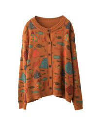 Women Autumn Fish Pattern Round Neck Sweater
