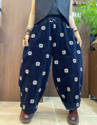 Women's Vintage Floral Corduroy Wide Leg Cropped Pants