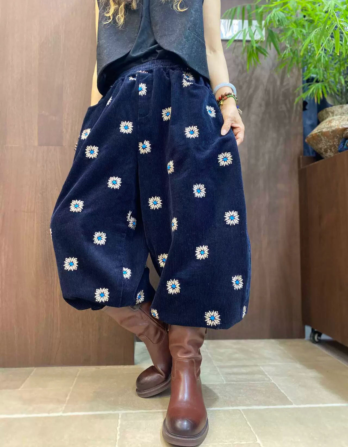 Women's Brown Floral Corduroy Wide Leg Cropped Pants