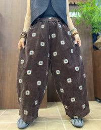 Women's Floral Embroidered Wide Leg Corduroy Trousers
