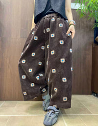 Women's Casual Embroidered Corduroy Wide Leg Trousers