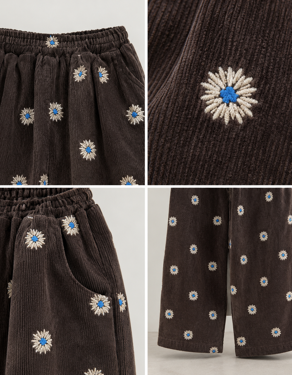 Women's Daisy Embroidered Corduroy Wide Leg Pants