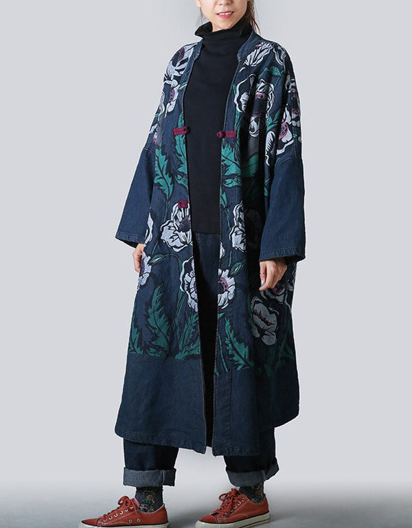 Women Autumn Plus Size Vintage Floral Print Long Denim Coat