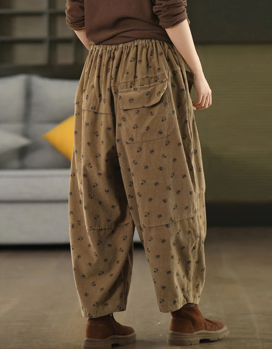 Women Autumn Relaxed Floral Cotton Wide Leg Pants
