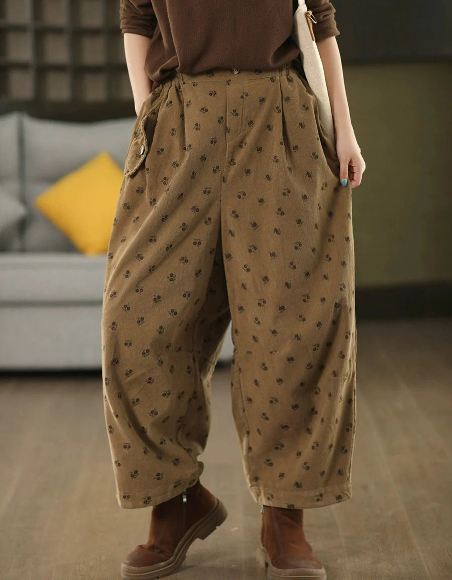 Women Autumn Relaxed Floral Cotton Wide Leg Pants