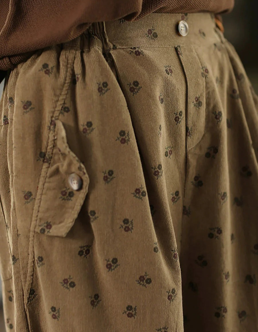Women Autumn Relaxed Floral Cotton Wide Leg Pants