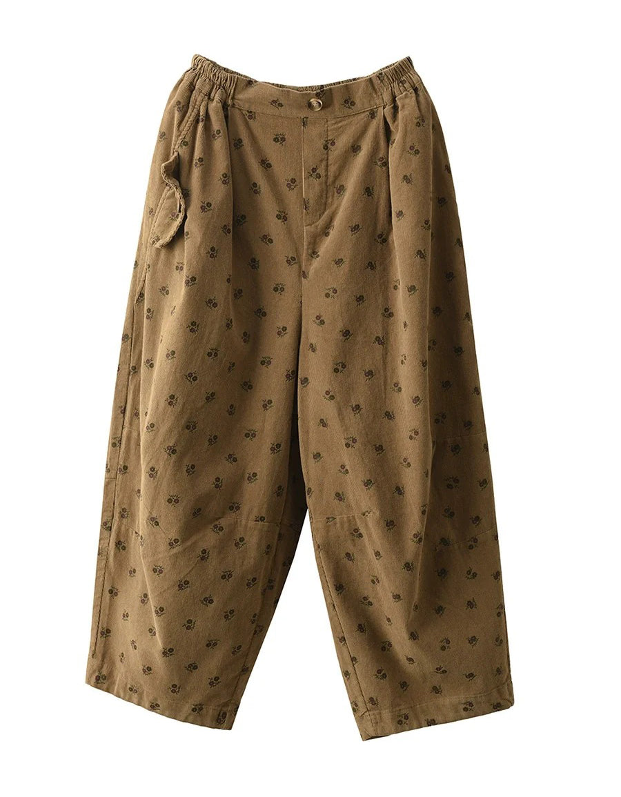 Women Autumn Relaxed Floral Cotton Wide Leg Pants