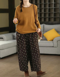 Women Autumn Relaxed Floral Cotton Wide Leg Pants