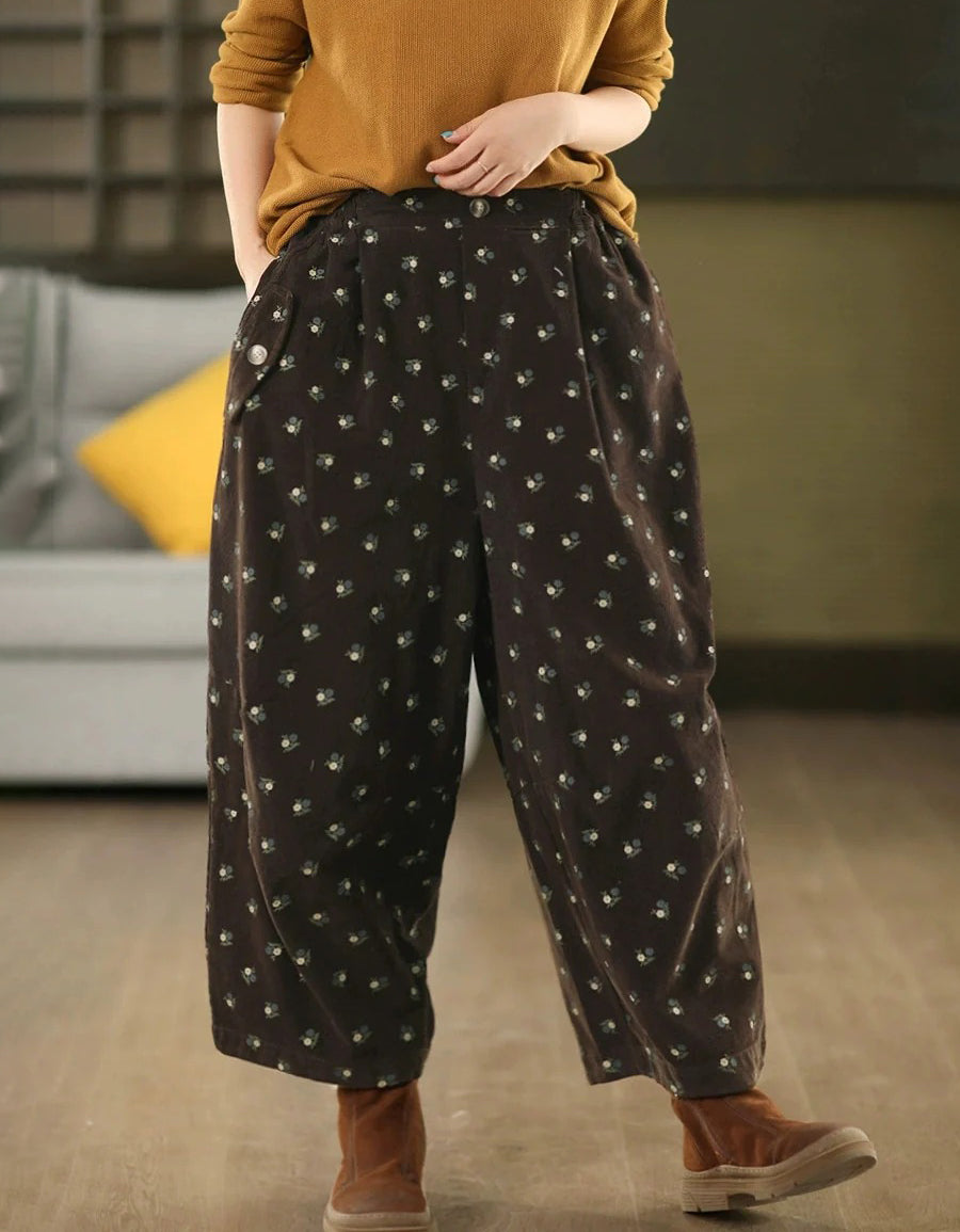 Women Autumn Relaxed Floral Cotton Wide Leg Pants