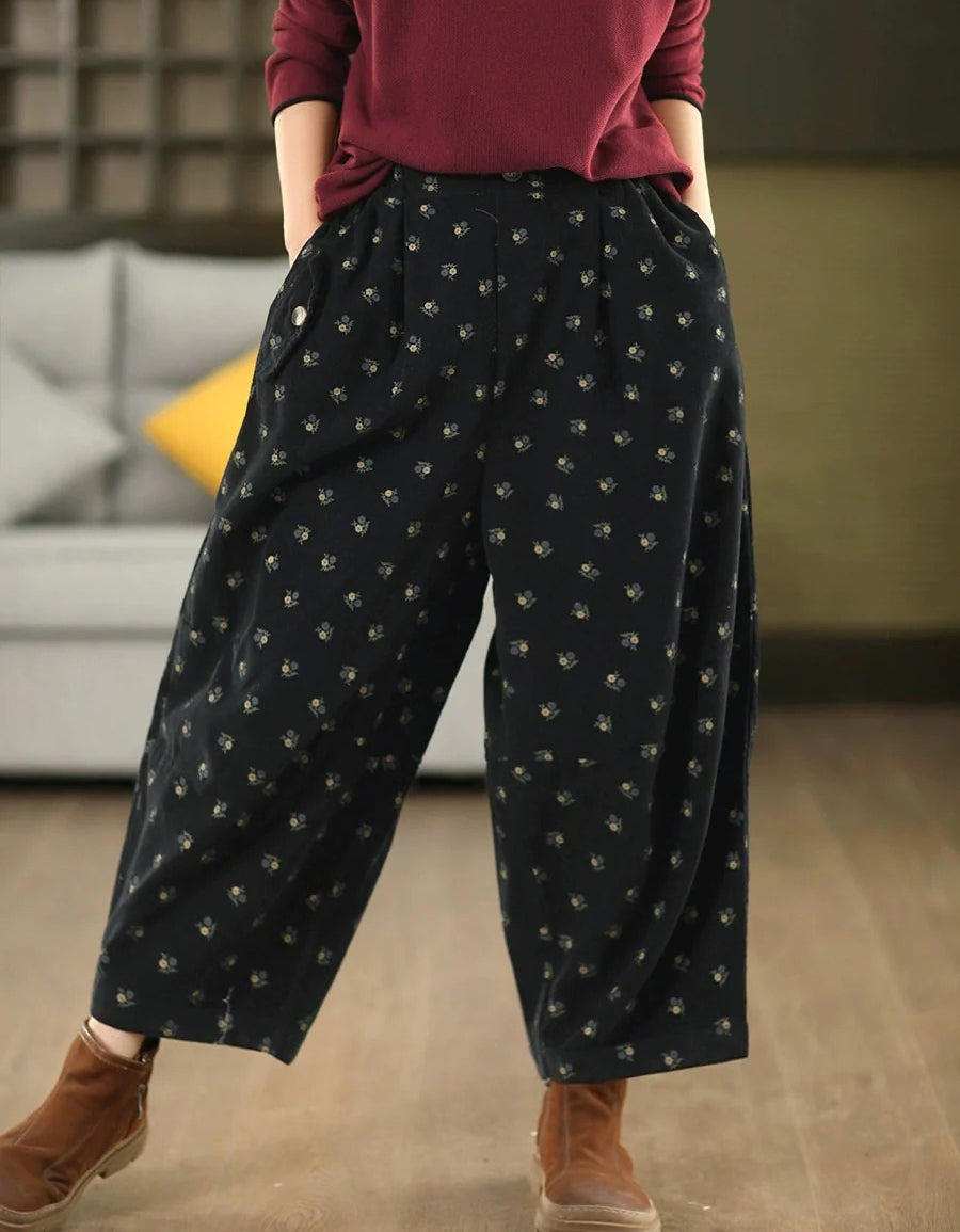 Women Autumn Relaxed Floral Cotton Wide Leg Pants