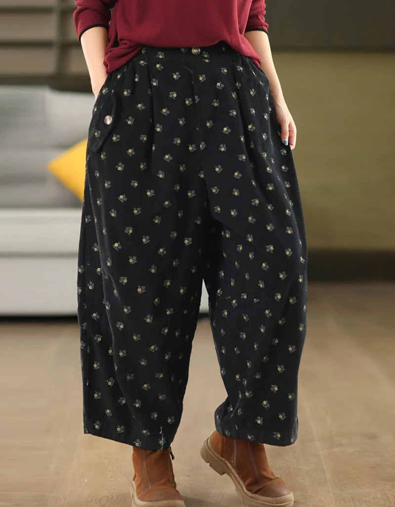 Women Autumn Relaxed Floral Cotton Wide Leg Pants