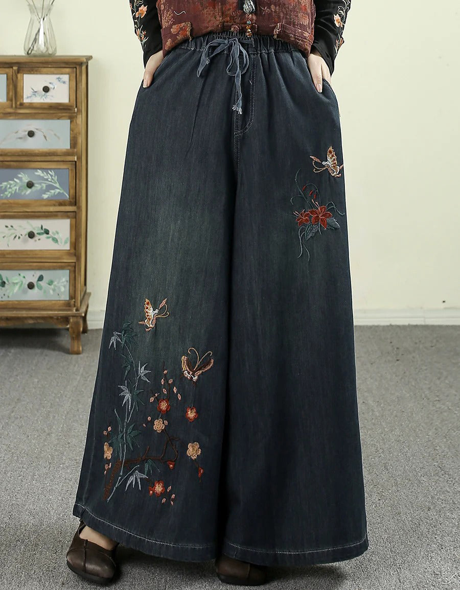 Women Autumn Retro Embroidery Denim Wide Leg Pants