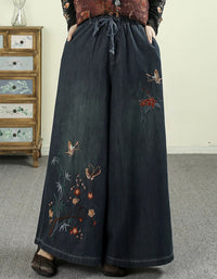 Women Autumn Retro Embroidery Denim Wide Leg Pants