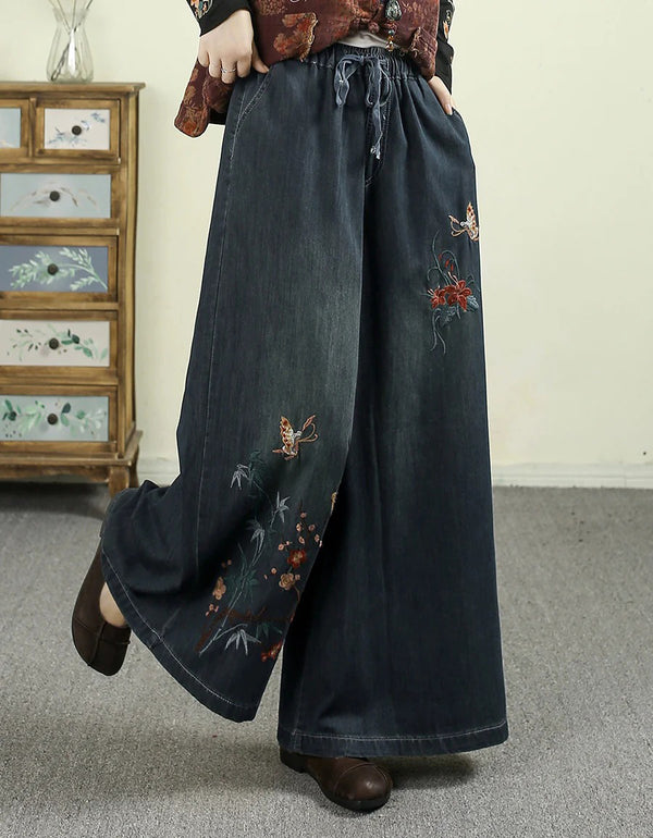 Women Autumn Retro Embroidery Denim Wide Leg Pants