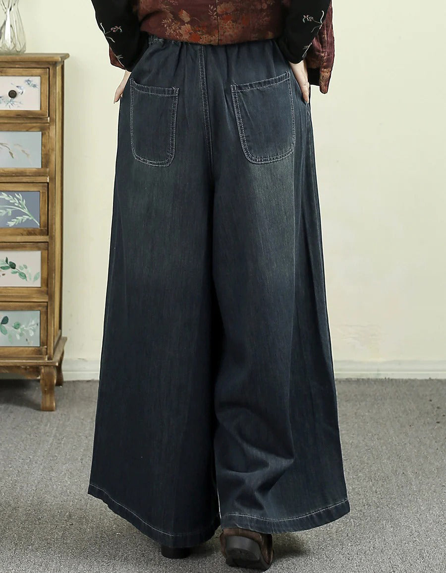 Women Autumn Retro Embroidery Denim Wide Leg Pants