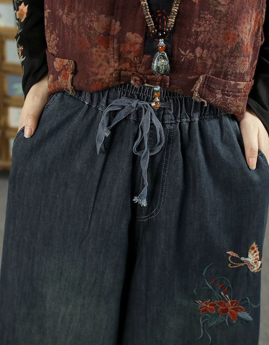 Women Autumn Retro Embroidery Denim Wide Leg Pants