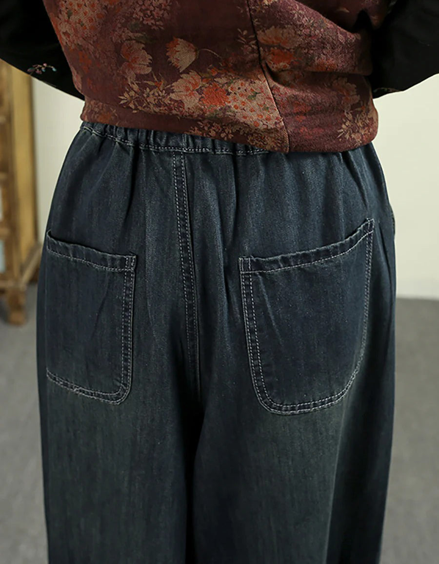 Women Autumn Retro Embroidery Denim Wide Leg Pants