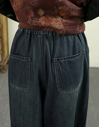 Women Autumn Retro Embroidery Denim Wide Leg Pants