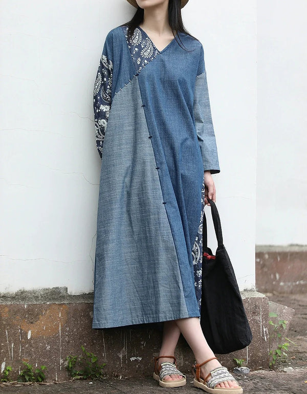Women Autumn Retro Floral Patchwork V-Neck Cotton Dress