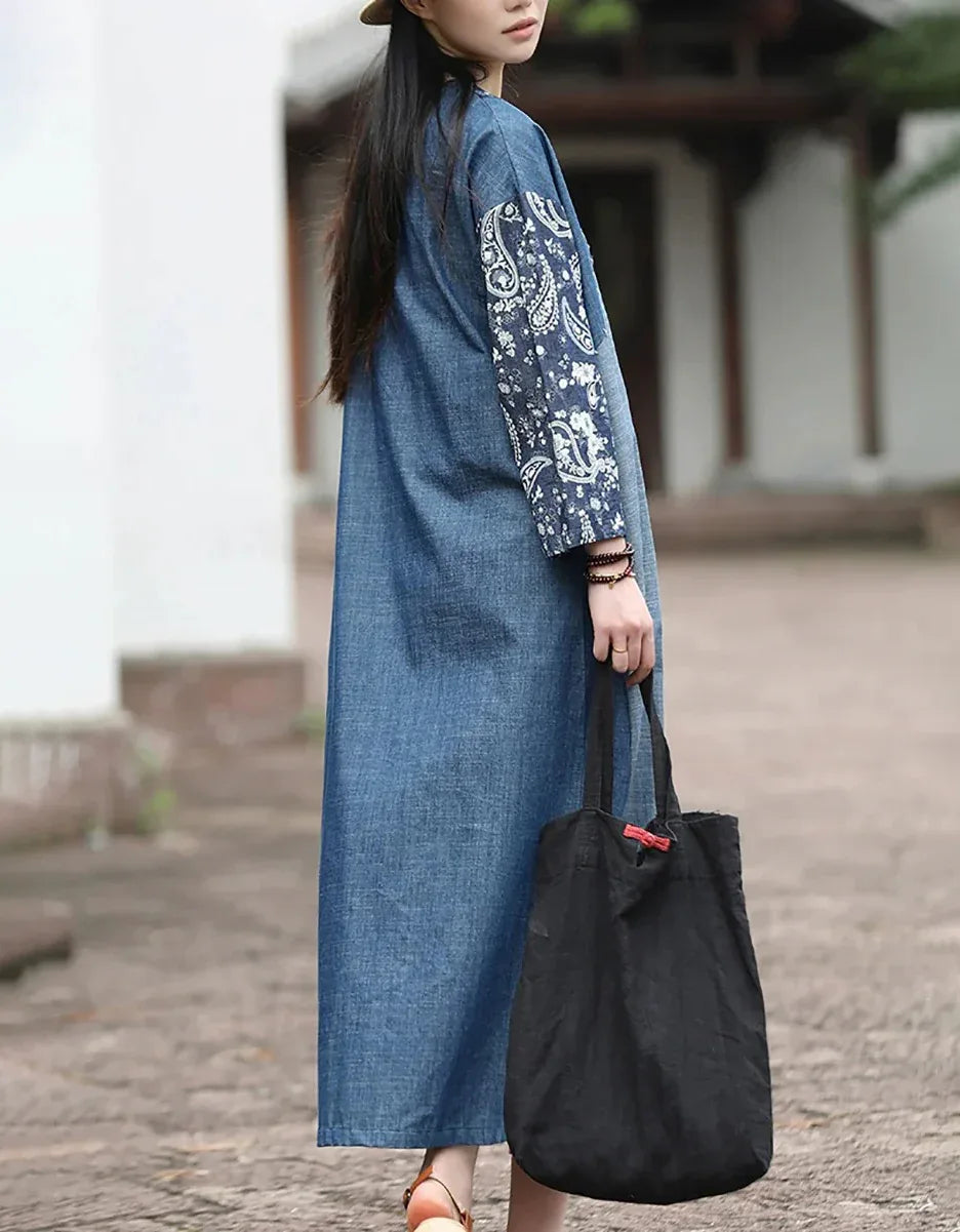 cotton autumn dress Women Autumn Retro Floral Patchwork V-Neck Cotton Dress – Islinen