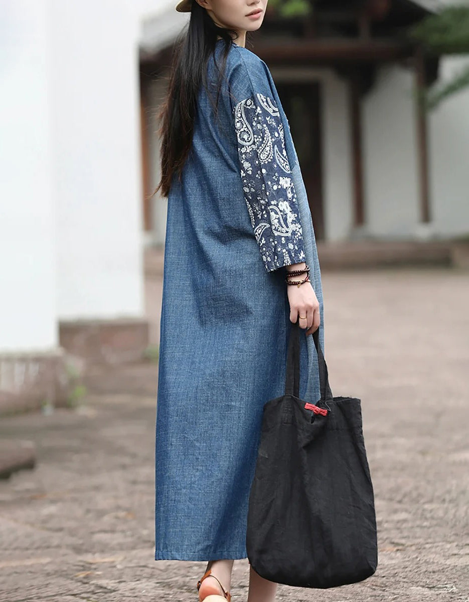 Women Autumn Retro Floral Patchwork V-Neck Cotton Dress