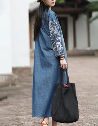Women Autumn Retro Floral Patchwork V-Neck Cotton Dress