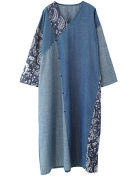 Women Autumn Retro Floral Patchwork V-Neck Cotton Dress