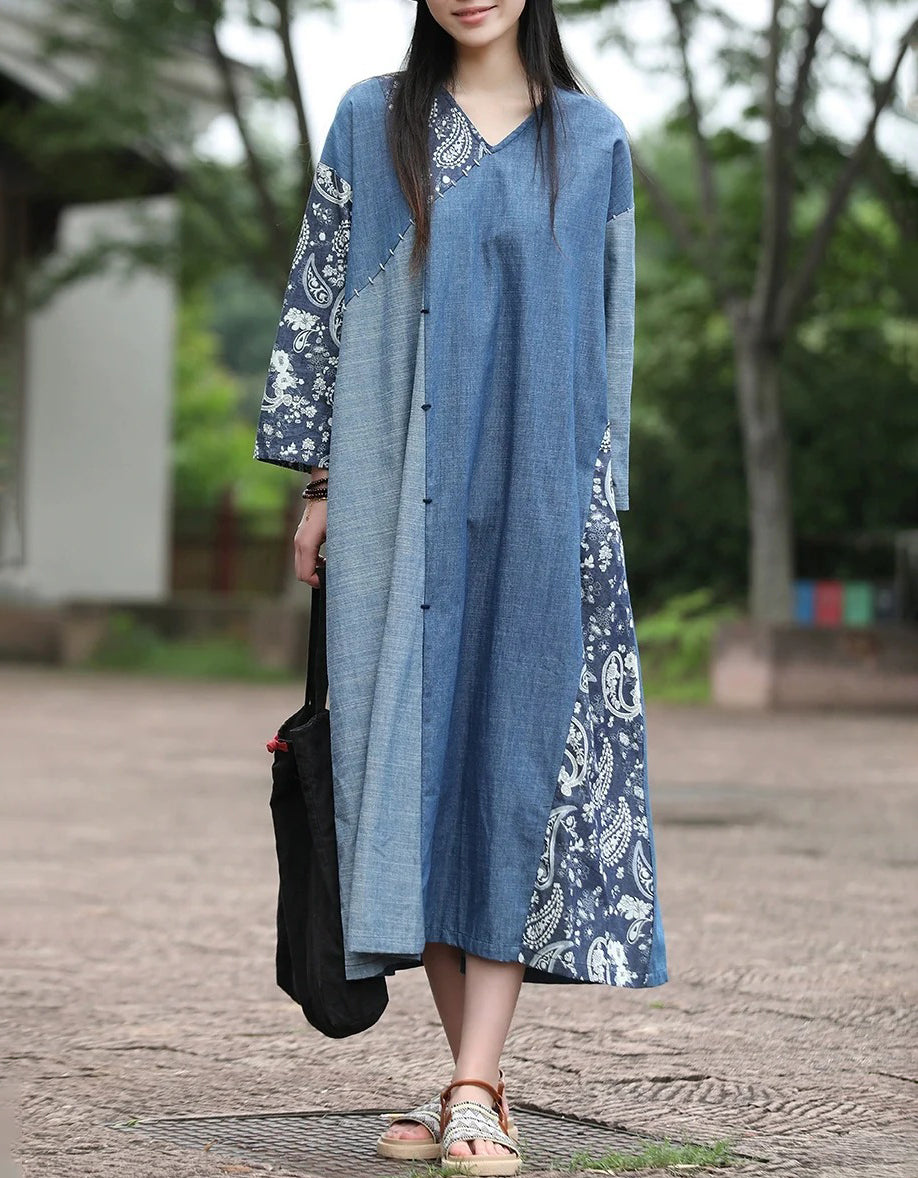 Women Autumn Retro Floral Patchwork V-Neck Cotton Dress