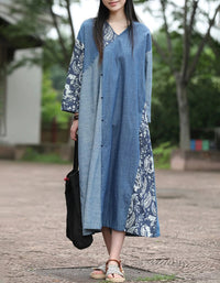 Women Autumn Retro Floral Patchwork V-Neck Cotton Dress