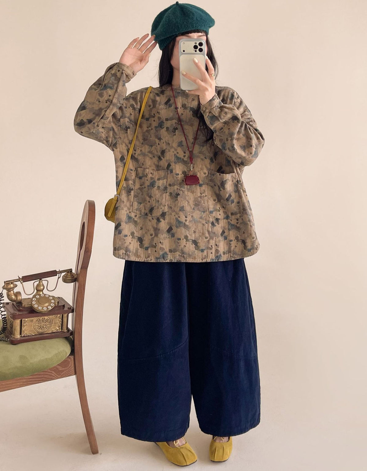 Women's Casual Blue Floral Cotton Pocket Blouse