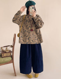 Women's Casual Blue Floral Cotton Pocket Blouse