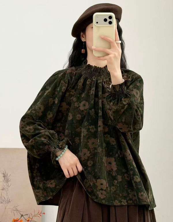 Dark Floral Puff Sleeve Blouse Elegant Loose Shirt
