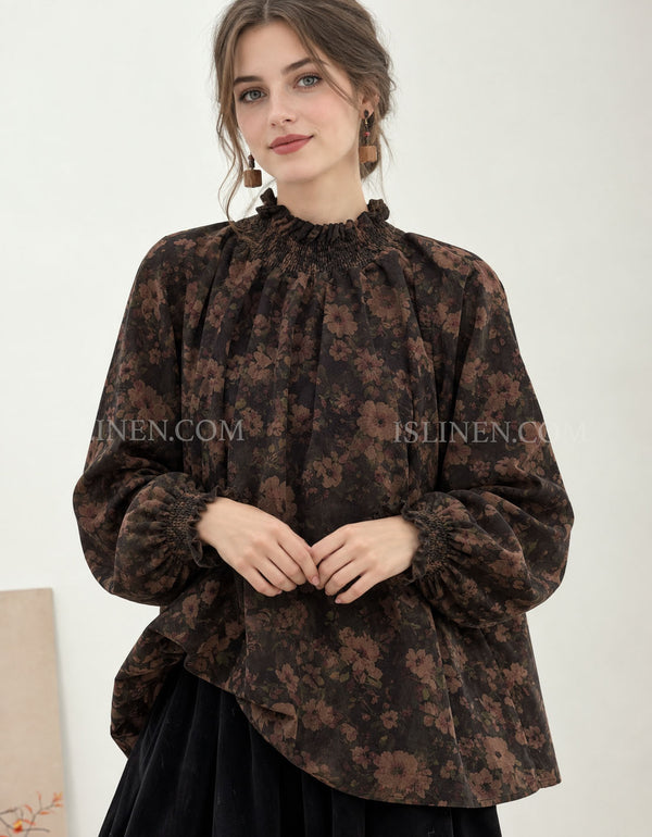 Women’s Vintage Floral Blouse High Neck Boho Top