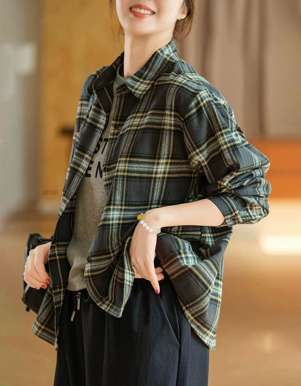 Women Vintage Checkered Button Down Long Sleeve Shirt
