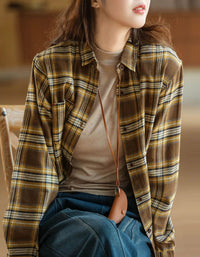 Women Autumn Vintage Plaid Button Down Long Sleeve Shirt