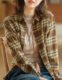 Women Retro Plaid Long Sleeve Button Front Shirt