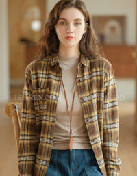 Women Vintage Plaid Button Down Long Sleeve Shirt