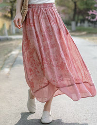 Casual Retro Print Long Skirt for Women – Loose Fit Cottagecore Boho Skirt