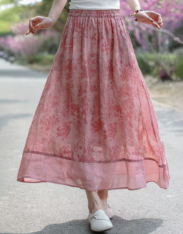 Vintage style long skirt for women featuring artistic floral abstract patterns