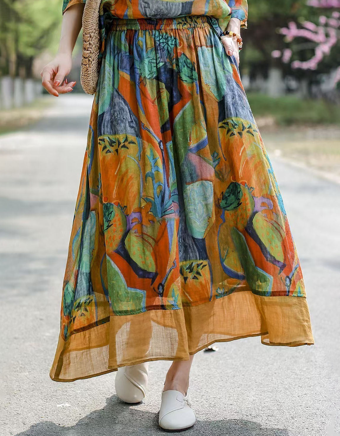 Women’s Vintage Abstract Print Maxi Skirt – Boho Elastic Waist Flowy Summer Skirt