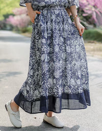 Elegant flowy A-line maxi skirt with multicolor artistic print for women